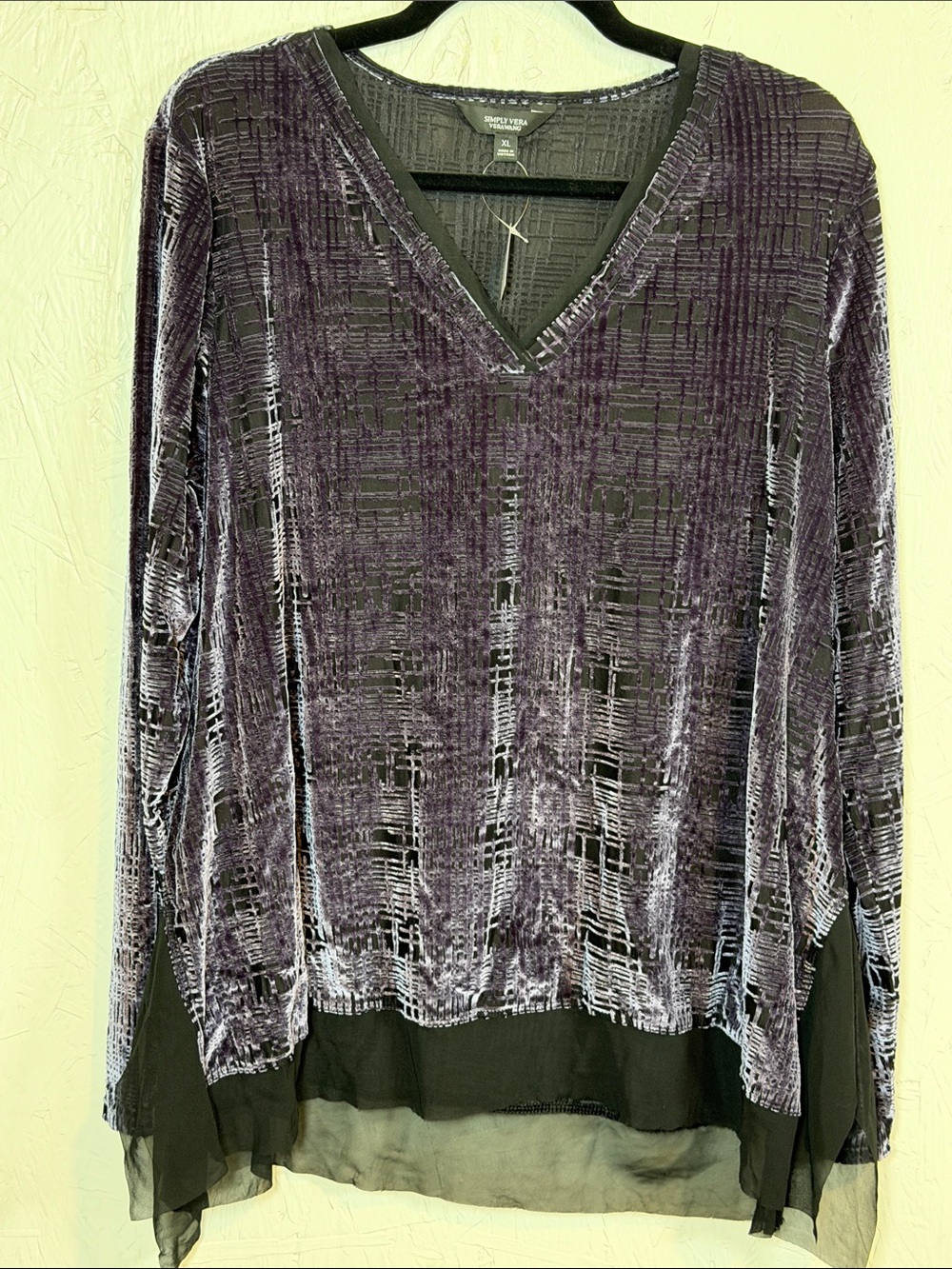 Simply Vera Vera Wang Purple Crushed Velvet V-Neck Tunic with Sheer Hem
